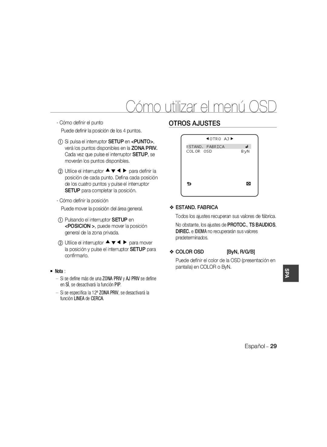 Samsung SCC-B5331N, SCC-B5335P, SCC-B5335BP, SCC-B5333BP, SCC-B5333P, SCC-B5331P Otros Ajustes, ESTAND. Fabrica, Color OSD 