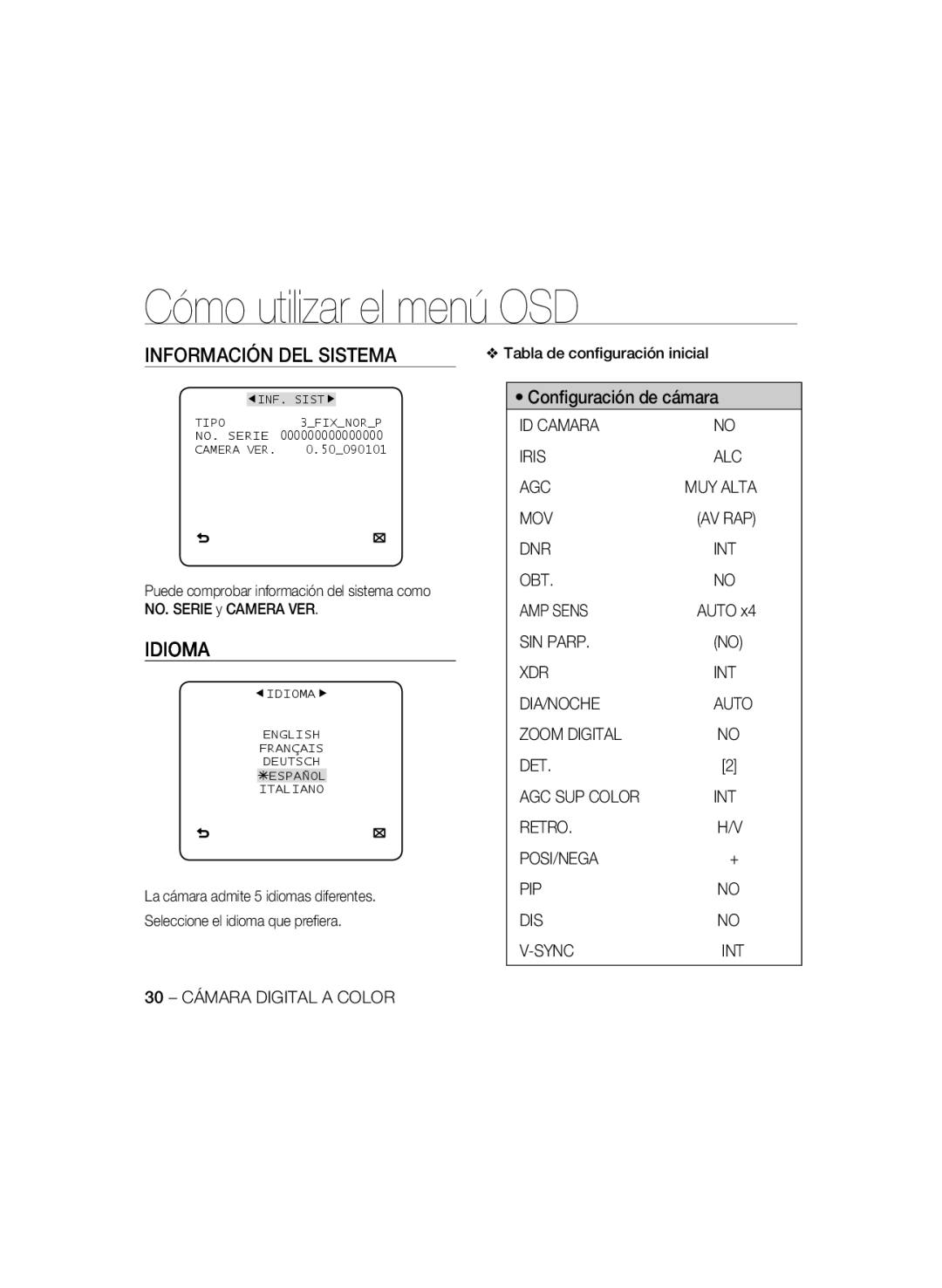 Samsung SCC-B5335P, SCC-B5335BP, SCC-B5333BP, SCC-B5333P, SCC-B5331P Información DEL Sistema, Idioma, Conﬁguración de cámara 