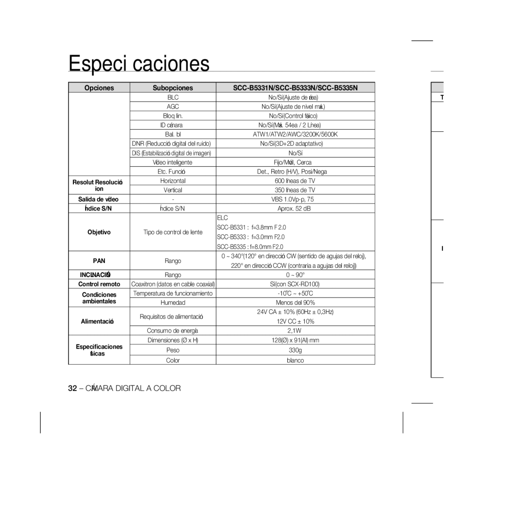 Samsung SCC-B5333BP, SCC-B5335P manual Opciones Subopciones SCC-B5331N/SCC-B5333N/SCC-B5335N, 32 Cámara Digital a Color 