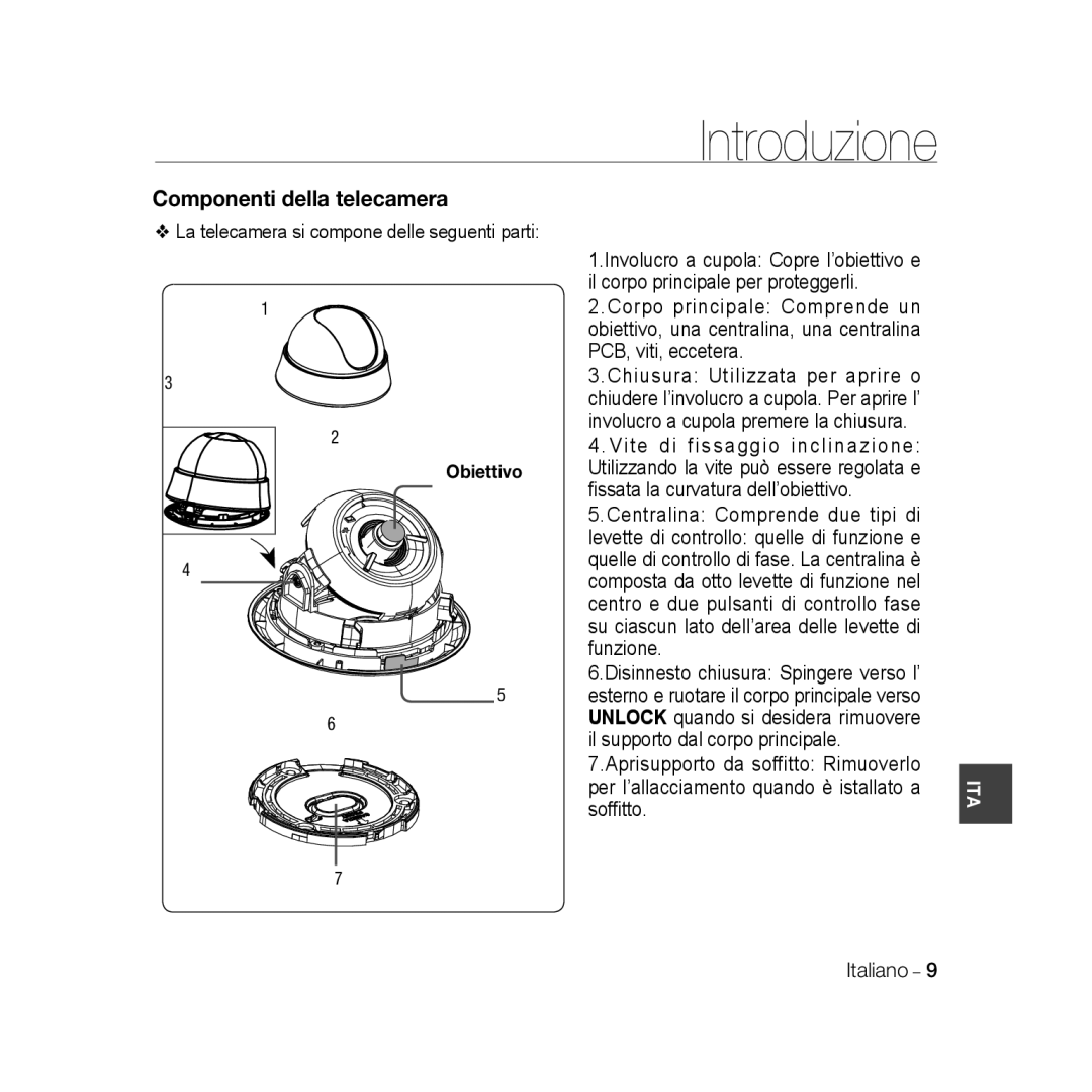 Samsung SCC-B5333P/CDM, SCC-B5335P, SCC-B5335BP, SCC-B5333BP manual La telecamera si compone delle seguenti parti, Obiettivo 