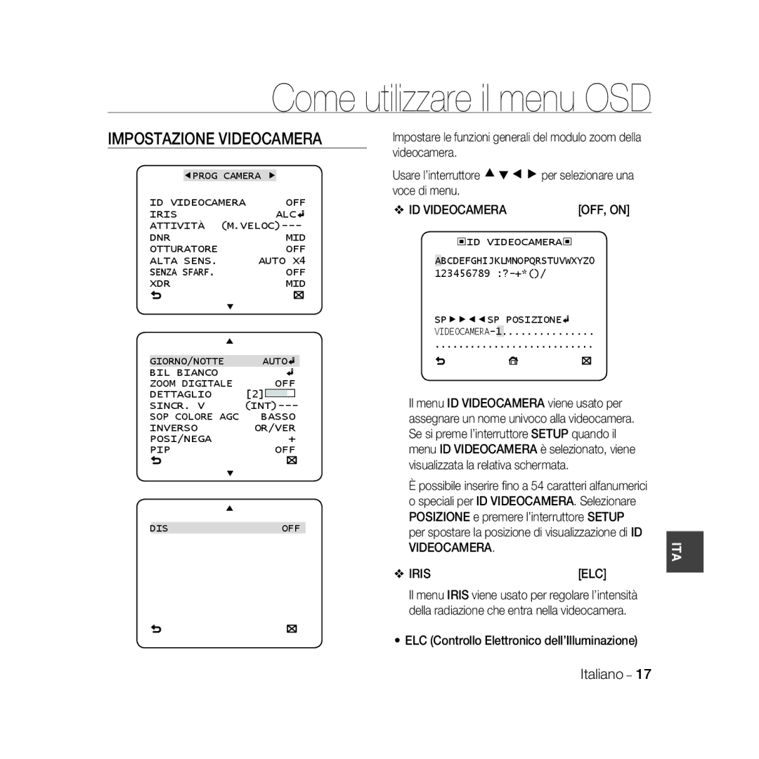 Samsung SCC-B5333P/CDM, SCC-B5335P, SCC-B5335BP manual Impostazione Videocamera, ID VIDEOCAMERAOFF, on, Videocamera Iris ELC 