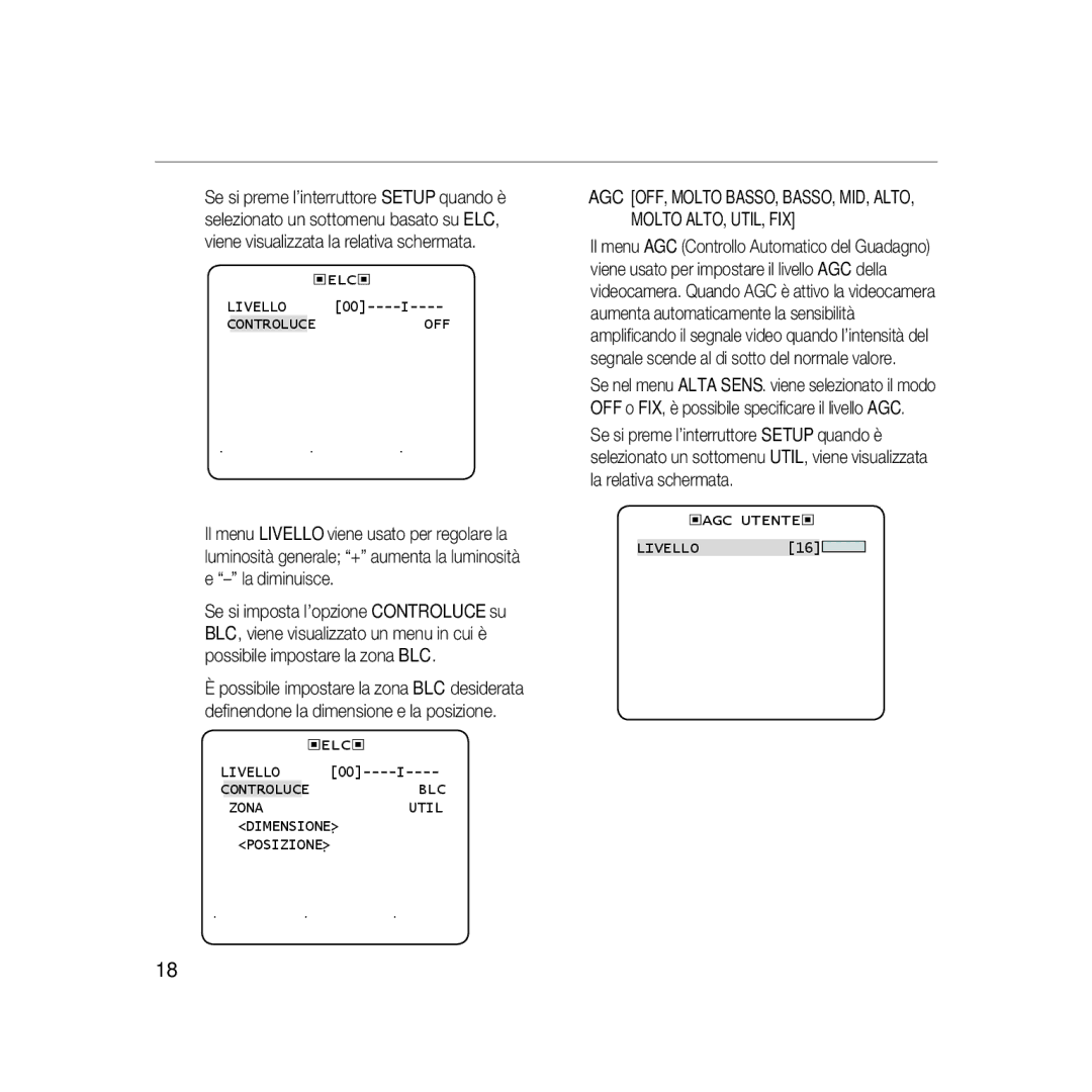 Samsung SCC-B5331N, SCC-B5335P, SCC-B5335BP ‹Elc‹, Controluceoff, Livello, Zona Util Dimensione  Posizione , ‹Agc Utente‹ 