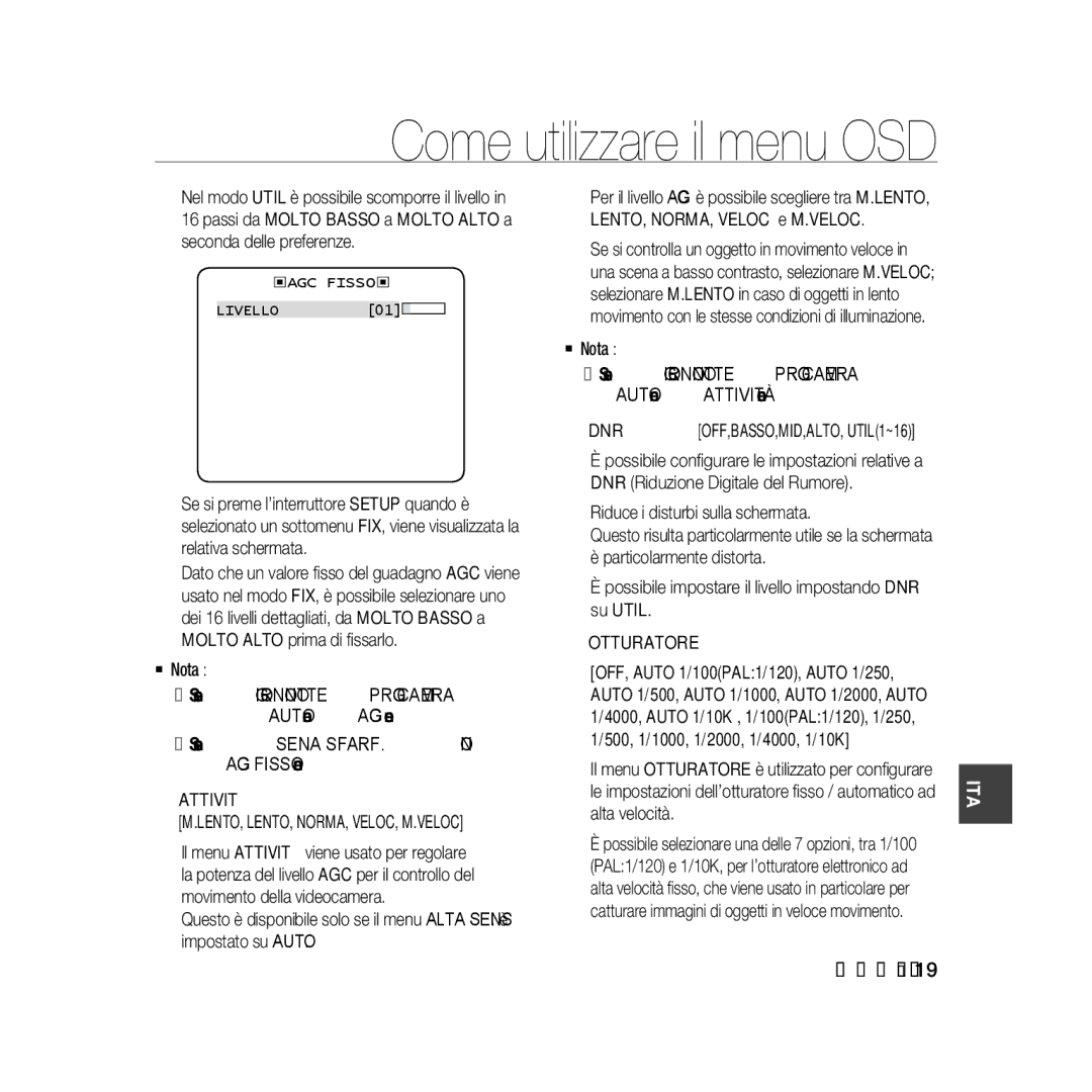 Samsung SCC-B5335P, SCC-B5335BP, SCC-B5333BP Attività LENTO, LENTO, NORMA, VELOC, M.VELOC, Dnr, Otturatore, ‹Agc Fisso‹ 