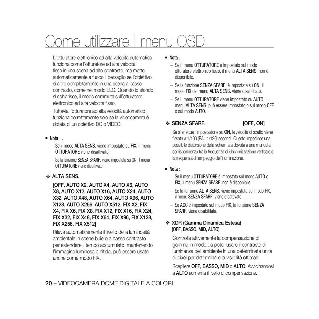 Samsung SCC-B5335BP, SCC-B5335P, SCC-B5333BP manual Alta Sens, Senza Sfarf, XDR Gamma Dinamica Estesa OFF, BASSO, MID, Alto 