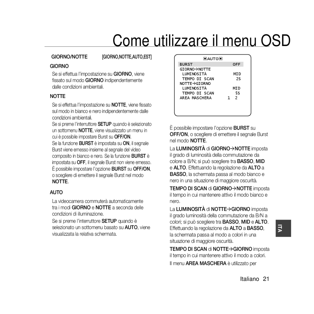 Samsung SCC-B5333BP, SCC-B5335P Giorno, Notte Auto, Il menu Area Maschera è utilizzato per, Tempo DI Scan Area Maschera 