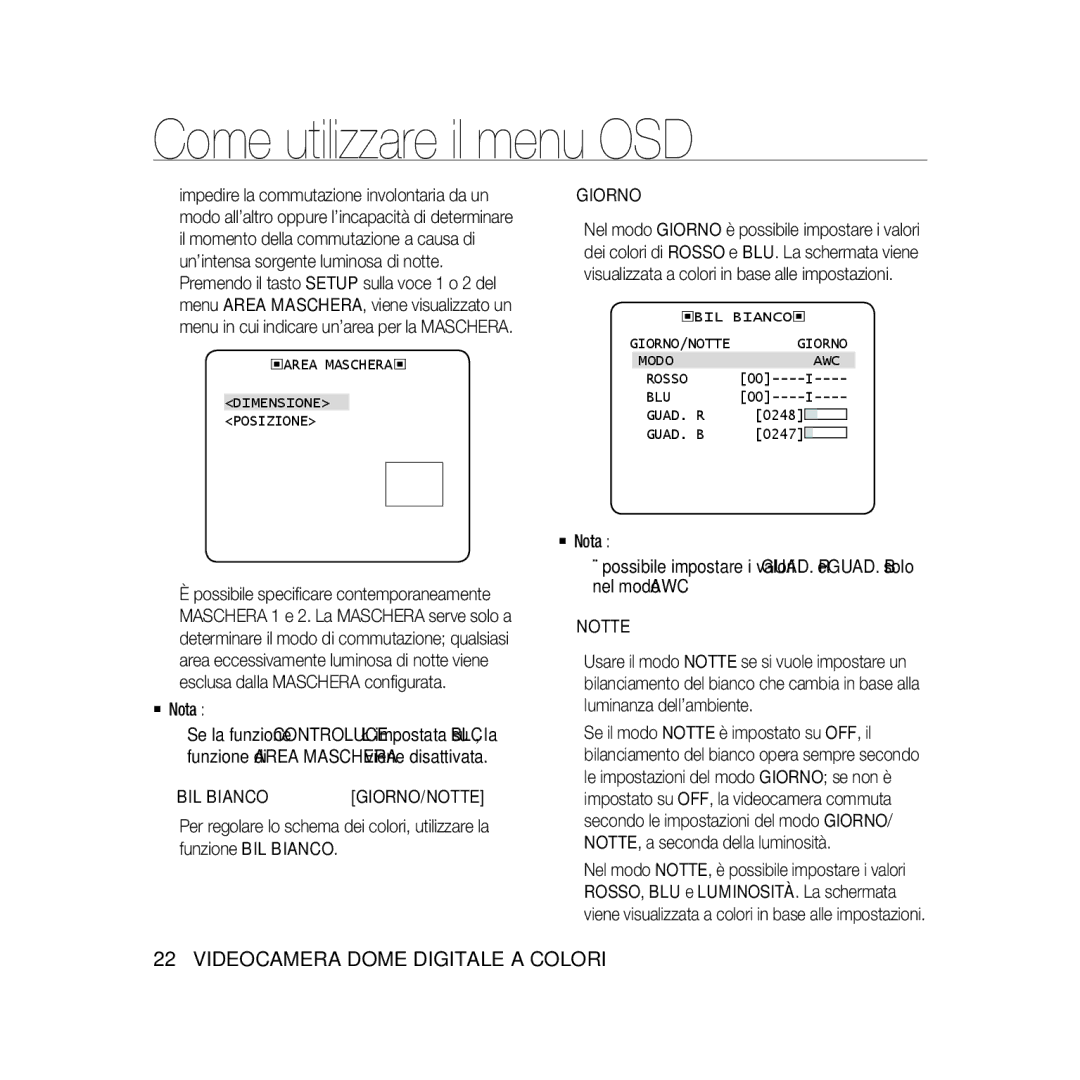 Samsung SCC-B5333P, SCC-B5335P, SCC-B5335BP, SCC-B5333BP manual BIL Bianco, ‹AREA MASCHERA‹ Dimensione Posizione, Guad. B 