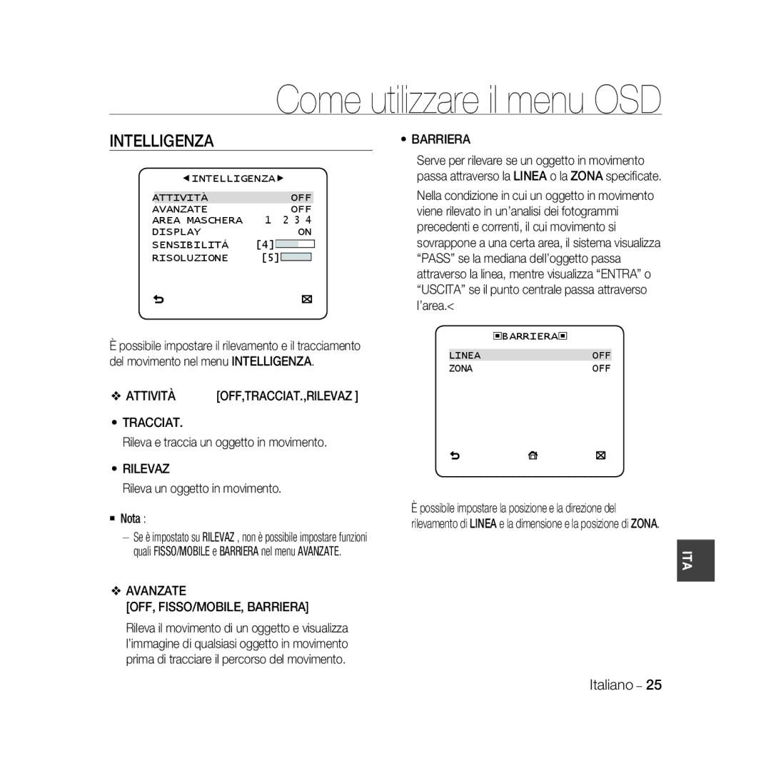 Samsung SCC-B5333P/CDM, SCC-B5335P, SCC-B5335BP, SCC-B5333BP, SCC-B5331P, SCC-B5331BP, SCC-B5331N manual Intelligenza 