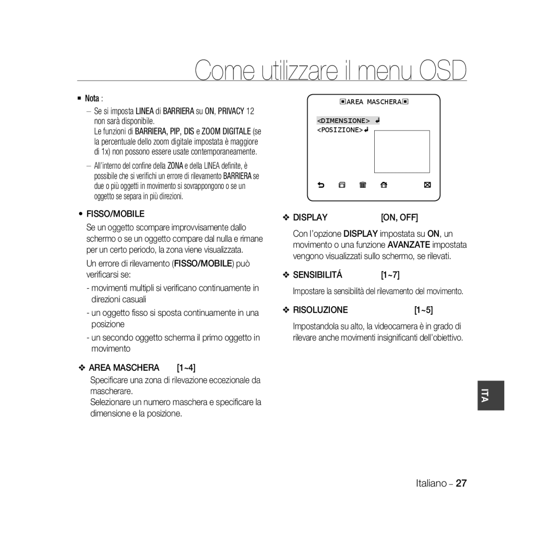 Samsung SCC-B5335P, SCC-B5335BP, SCC-B5333BP, SCC-B5333P, SCC-B5331P Fisso/Mobile, Area Maschera, Sensibilitá, Risoluzione 