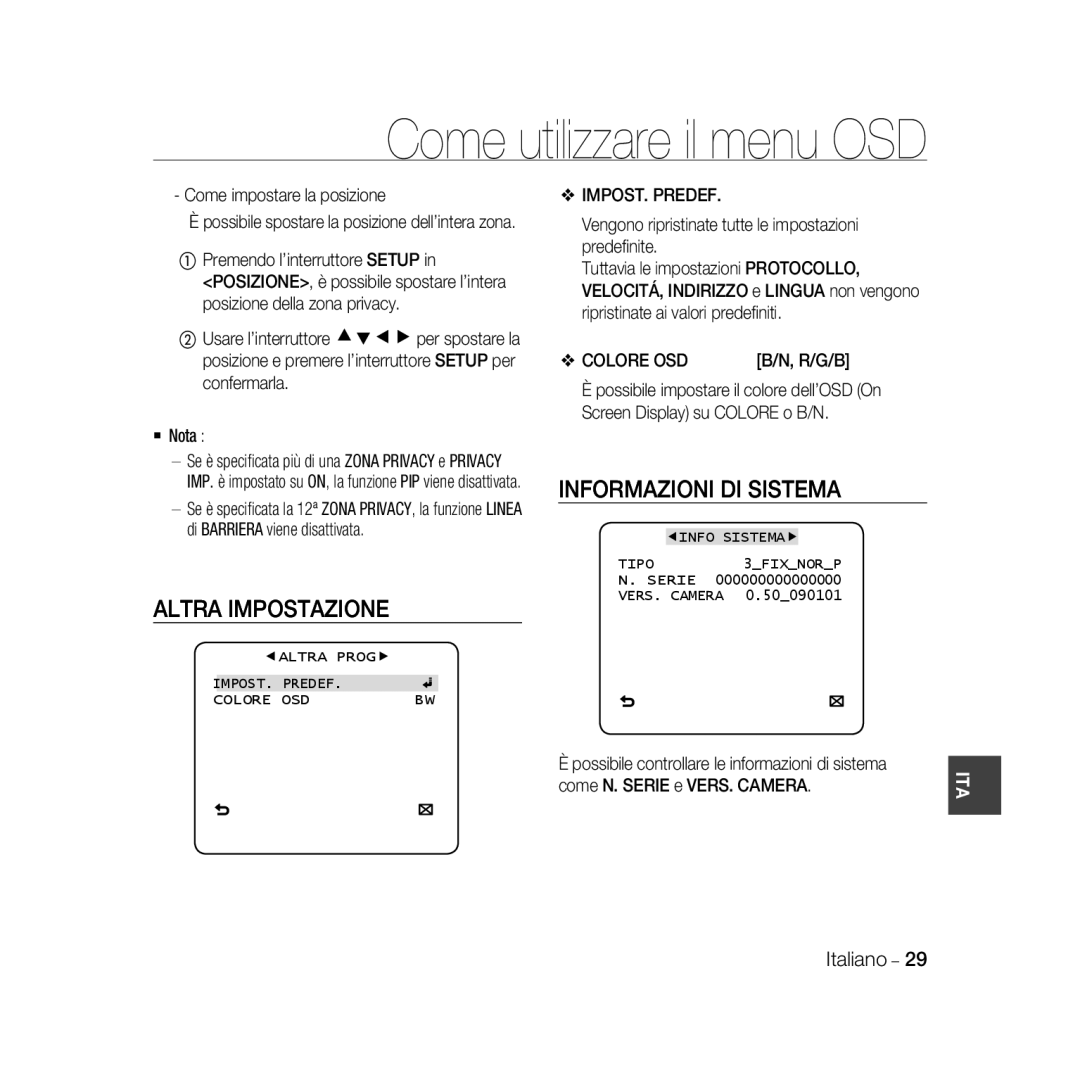 Samsung SCC-B5333BP, SCC-B5335P, SCC-B5335BP manual Altra Impostazione, Informazioni DI Sistema, IMPOST. Predef, Colore OSD 