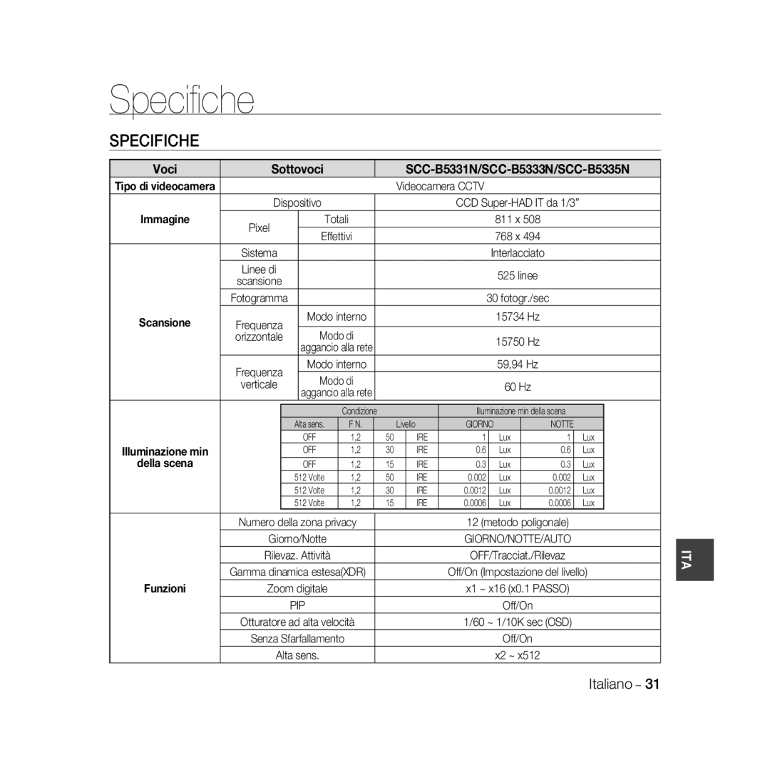 Samsung SCC-B5331P, SCC-B5335P, SCC-B5335BP, SCC-B5333BP, SCC-B5331BP, SCC-B5333P/CDM, SCC-B5331N manual Speciﬁche, Specifiche 