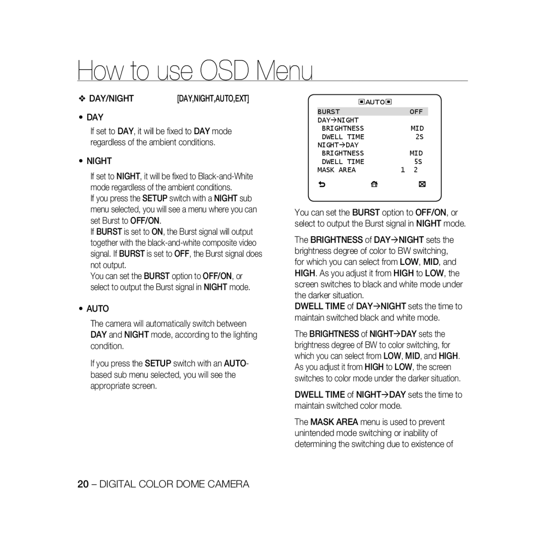 Samsung SCC-B5331P Day, Auto, Burst OFF DAY Ænight Brightness, Dwell Time Night Æday Brightness, Dwell Time Mask Area 