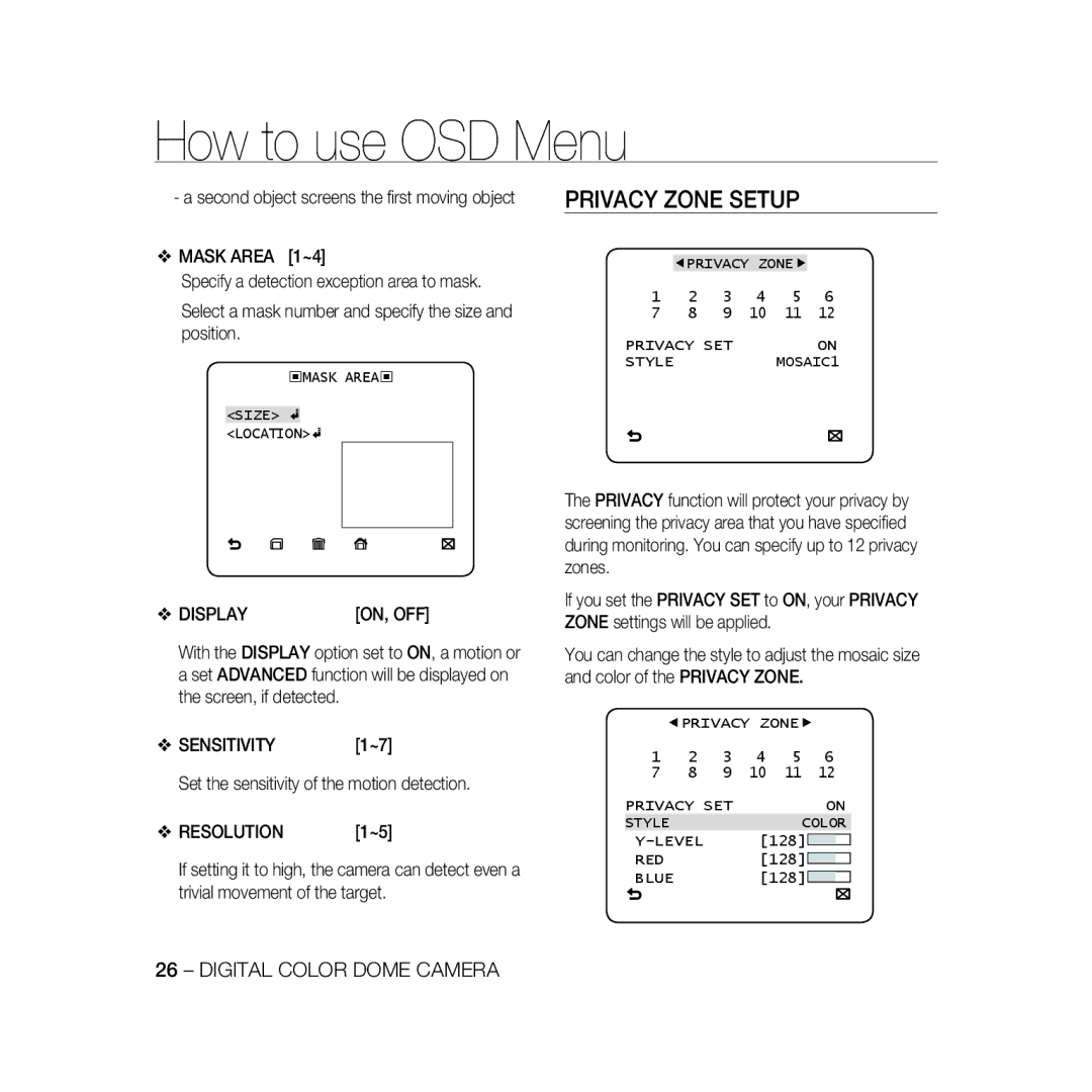 Samsung SCC-B5333BP Privacy Zone Setup, Display, Sensitivity, Set the sensitivity of the motion detection, Resolution 