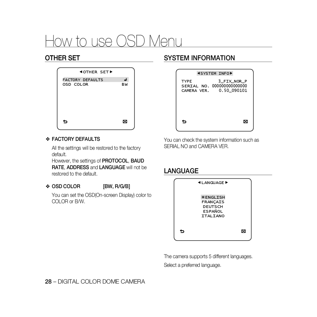 Samsung SCC-B5331P, SCC-B5335P, SCC-B5335BP, SCC-B5333P Other SET, System Information, Language, Factory Defaults, OSD Color 