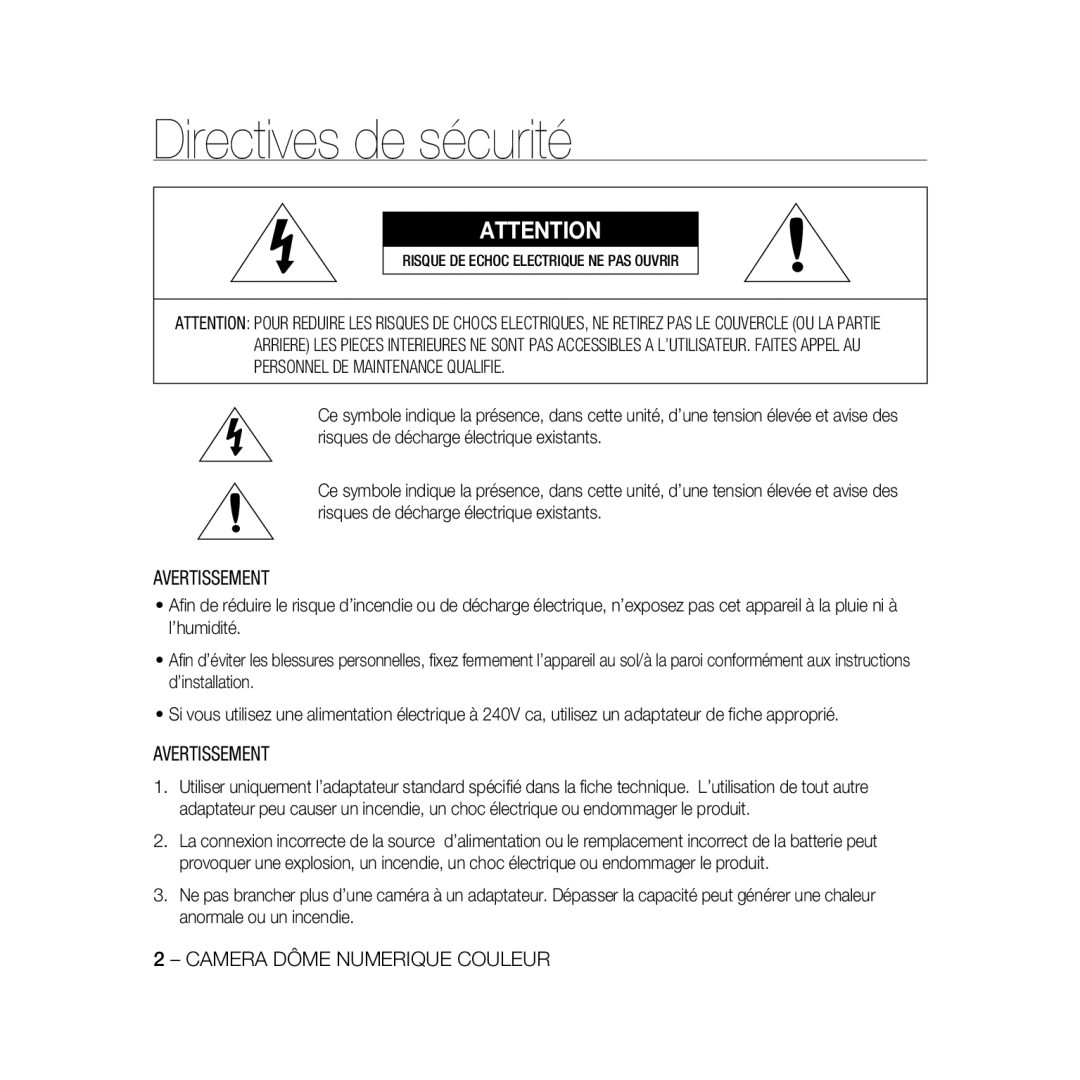 Samsung SCC-B5331P, SCC-B5335P, SCC-B5335BP, SCC-B5333P Directives de sécurité, Avertissement, Camera Dôme Numerique Couleur 