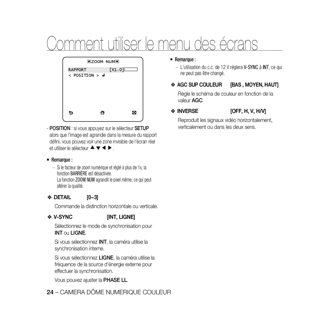 Samsung SCC-B5333BP AGC SUP Couleur BAS , MOYEN, Haut, Règle le schéma de couleur en fonction de la valeur AGC, Inverse 