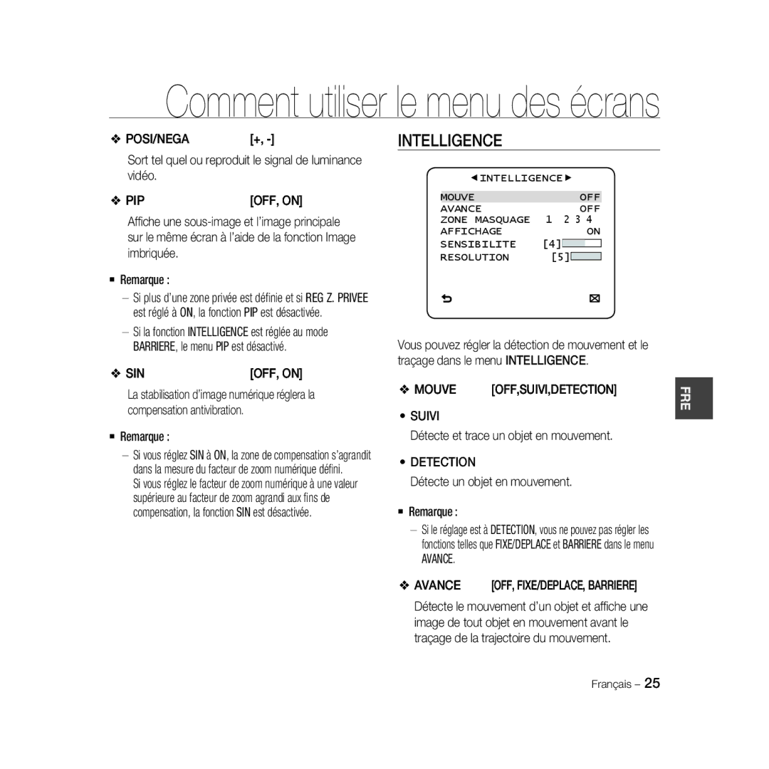 Samsung SCC-B5335P, SCC-B5335BP, SCC-B5333BP, SCC-B5331P, SCC-B5331BP, SCC-B5333P/CDM, SCC-B5331N manual Suivi, Avance 