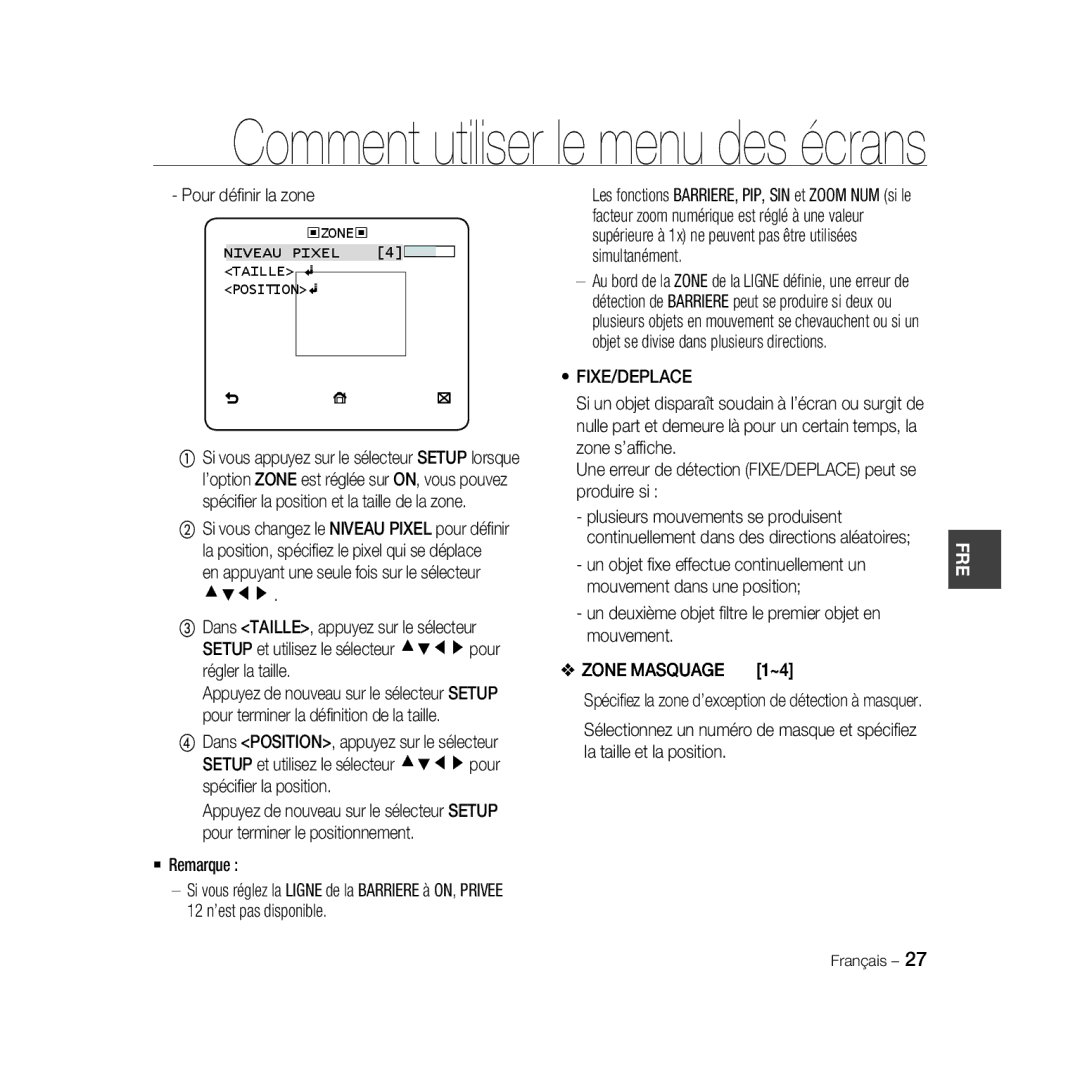 Samsung SCC-B5331BP, SCC-B5335P, SCC-B5335BP manual Pour déﬁnir la zone, Fixe/Deplace, Zone Masquage 1~4, Niveau Pixel Taille 