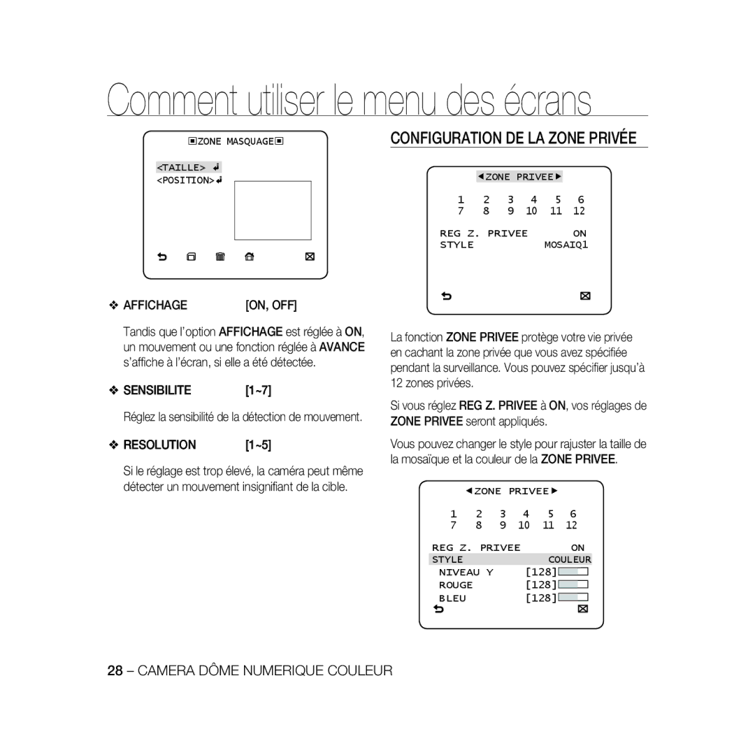 Samsung SCC-B5333P/CDM, SCC-B5335P, SCC-B5335BP, SCC-B5333BP manual Configuration DE LA Zone Privée, Affichage, Sensibilite 