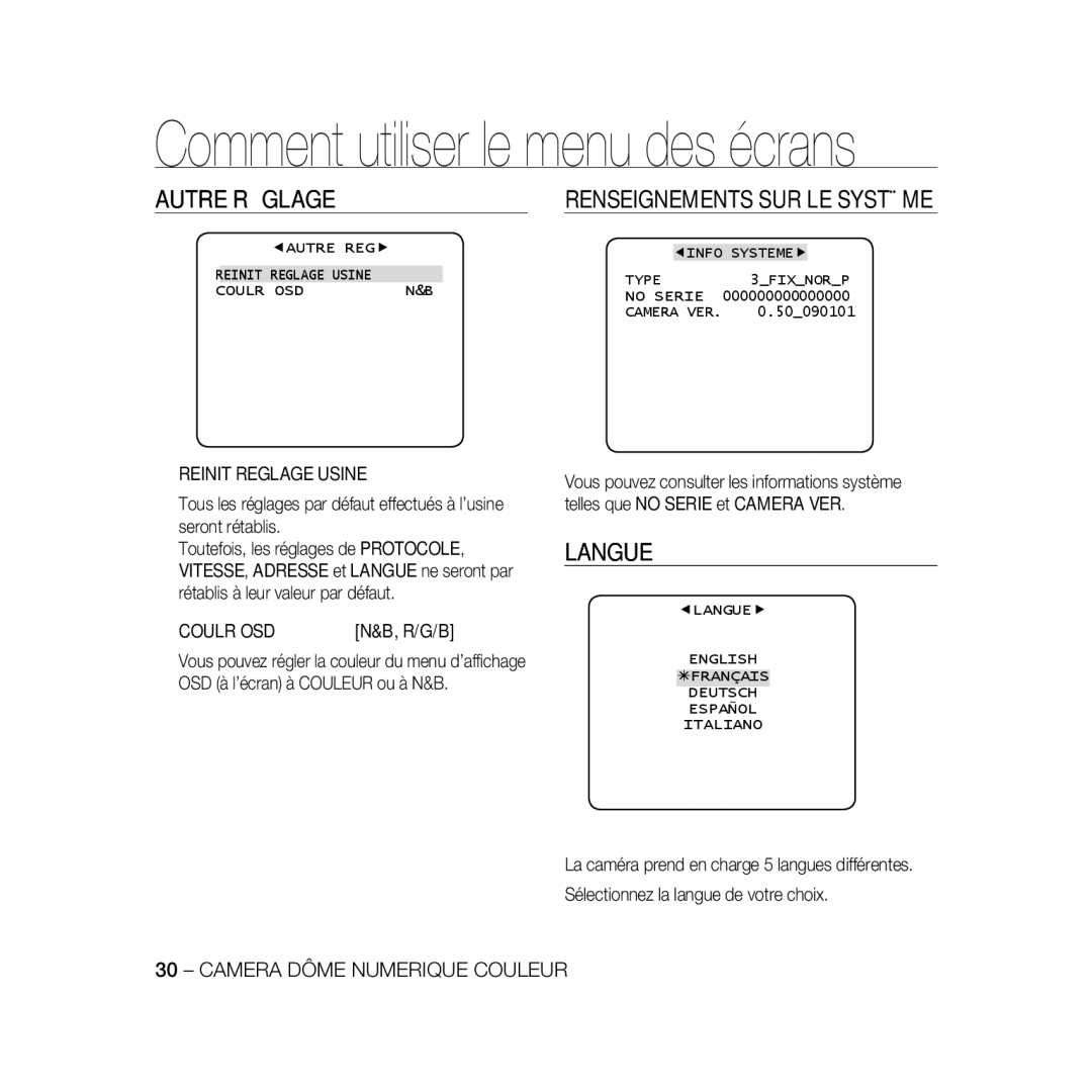 Samsung SCC-B5335P, SCC-B5335BP manual Autre Réglage, Renseignements SUR LE Système, Langue, Reinit Reglage Usine, Coulr OSD 