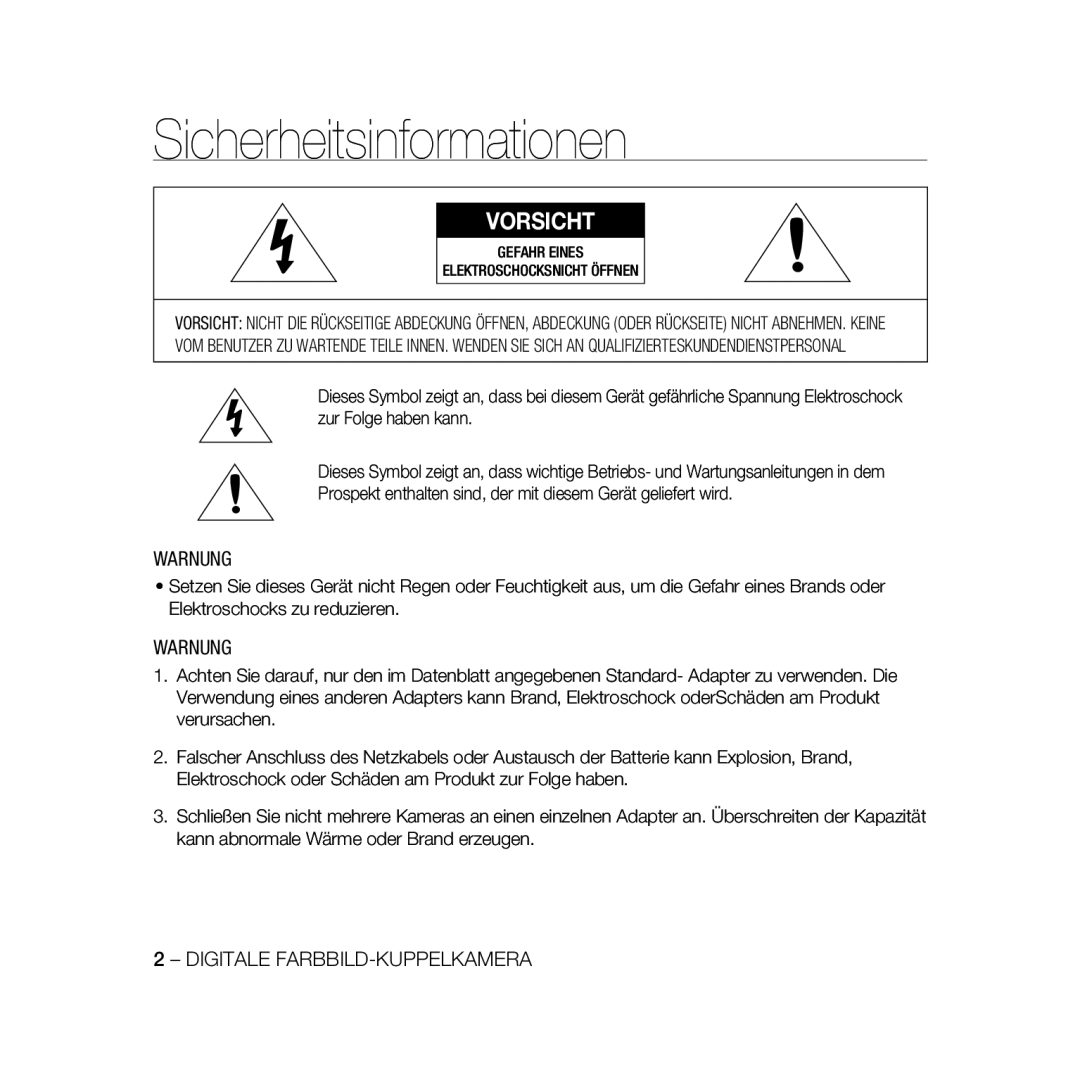 Samsung SCC-B5335P, SCC-B5335BP, SCC-B5333BP, SCC-B5333P Sicherheitsinformationen, Warnung, Digitale FARBBILD-KUPPELKAMERA 