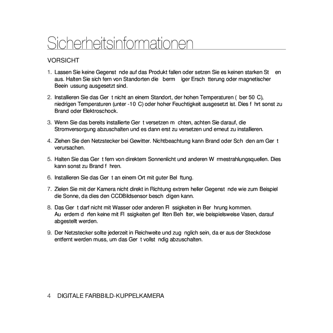 Samsung SCC-B5333BP, SCC-B5335P, SCC-B5335BP, SCC-B5331P, SCC-B5331BP, SCC-B5333P/CDM, SCC-B5331N manual Vorsicht 