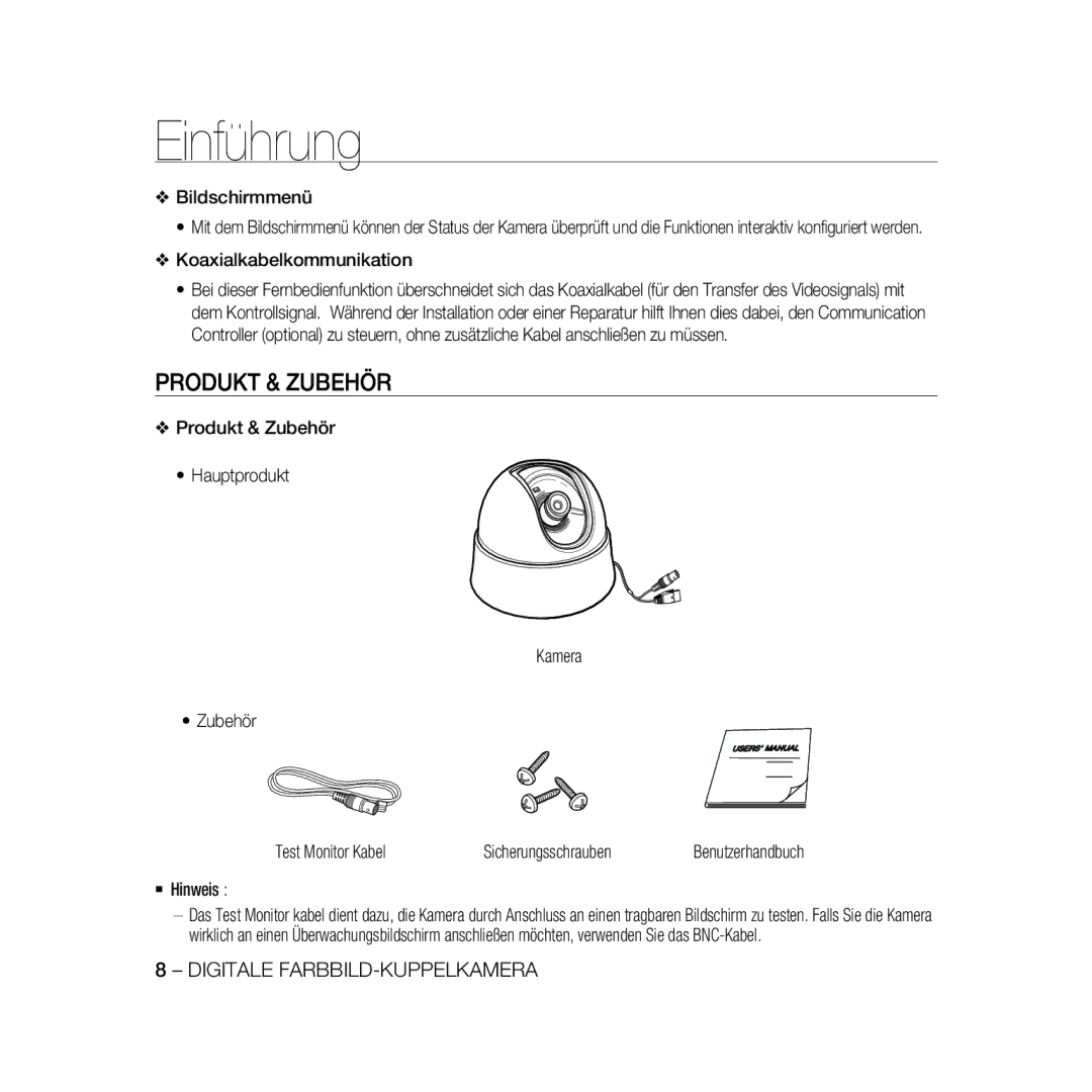 Samsung SCC-B5333P/CDM, SCC-B5335P, SCC-B5335BP Produkt & Zubehör, Bildschirmmenü, Koaxialkabelkommunikation,  Hinweis 