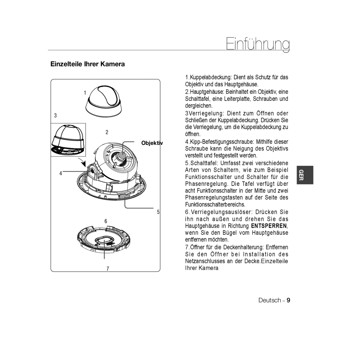 Samsung SCC-B5331N, SCC-B5335P, SCC-B5335BP, SCC-B5333BP, SCC-B5333P, SCC-B5331P manual Einzelteile Ihrer Kamera, Objektiv 