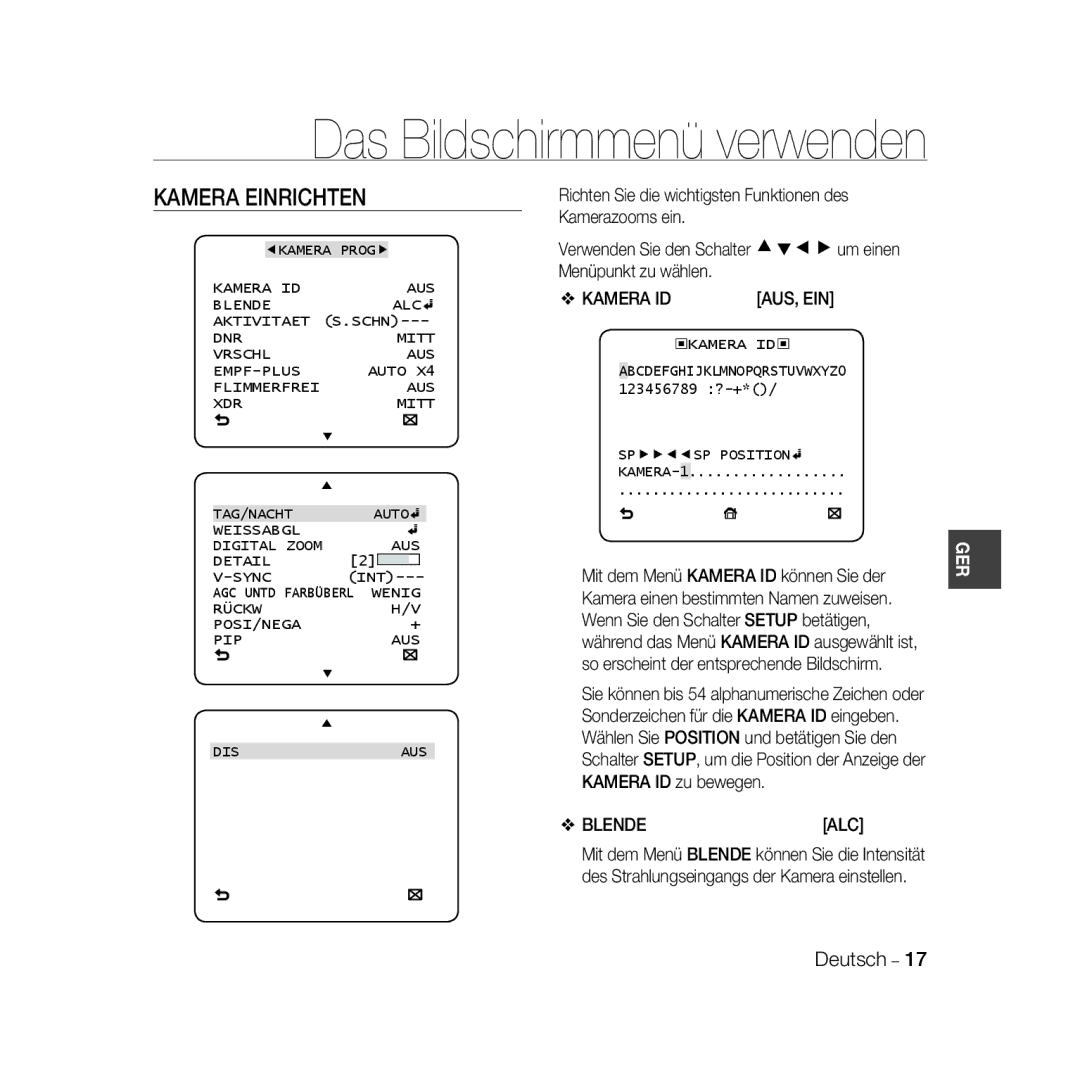 Samsung SCC-B5331N, SCC-B5335P, SCC-B5335BP, SCC-B5333BP, SCC-B5333P manual Kamera Einrichten, Kamera ID AUS, EIN, Blende ALC 