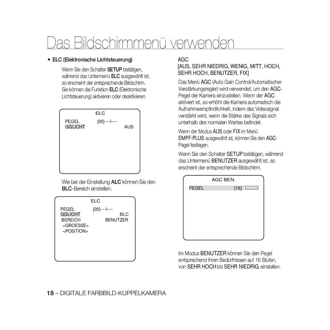 Samsung SCC-B5335P manual ELC Elektronische Lichtsteuerung, Gglichtaus, ELC Pegel Gglicht BLC Bereich, Groesse  Position  