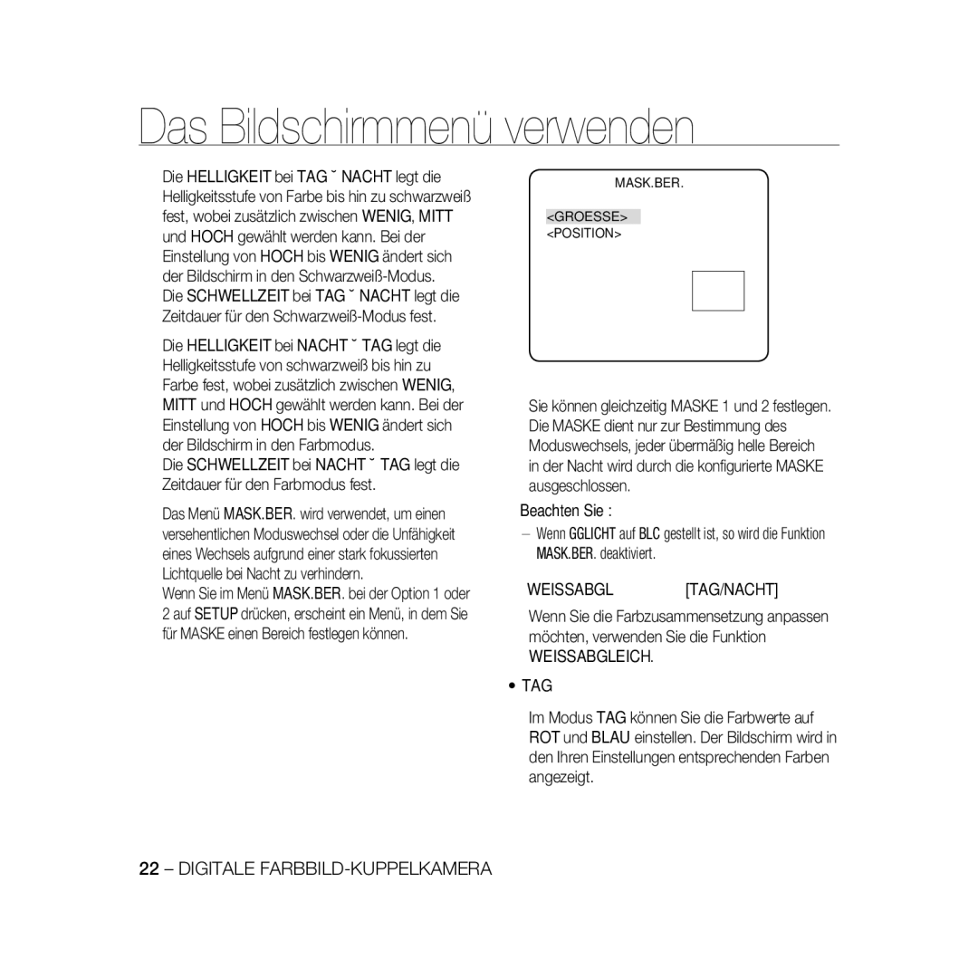 Samsung SCC-B5331P, SCC-B5335P, SCC-B5335BP, SCC-B5333BP Weissabgltag/Nacht, Weissabgleich TAG, MASK.BER Groesse Position 