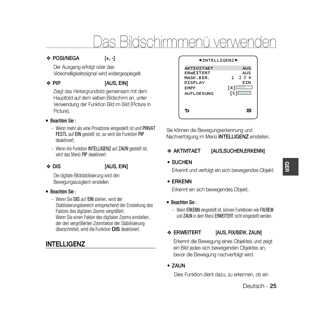 Samsung SCC-B5331N, SCC-B5335P, SCC-B5335BP, SCC-B5333BP, SCC-B5331P, SCC-B5331BP, SCC-B5333P/CDM manual Intelligenz 