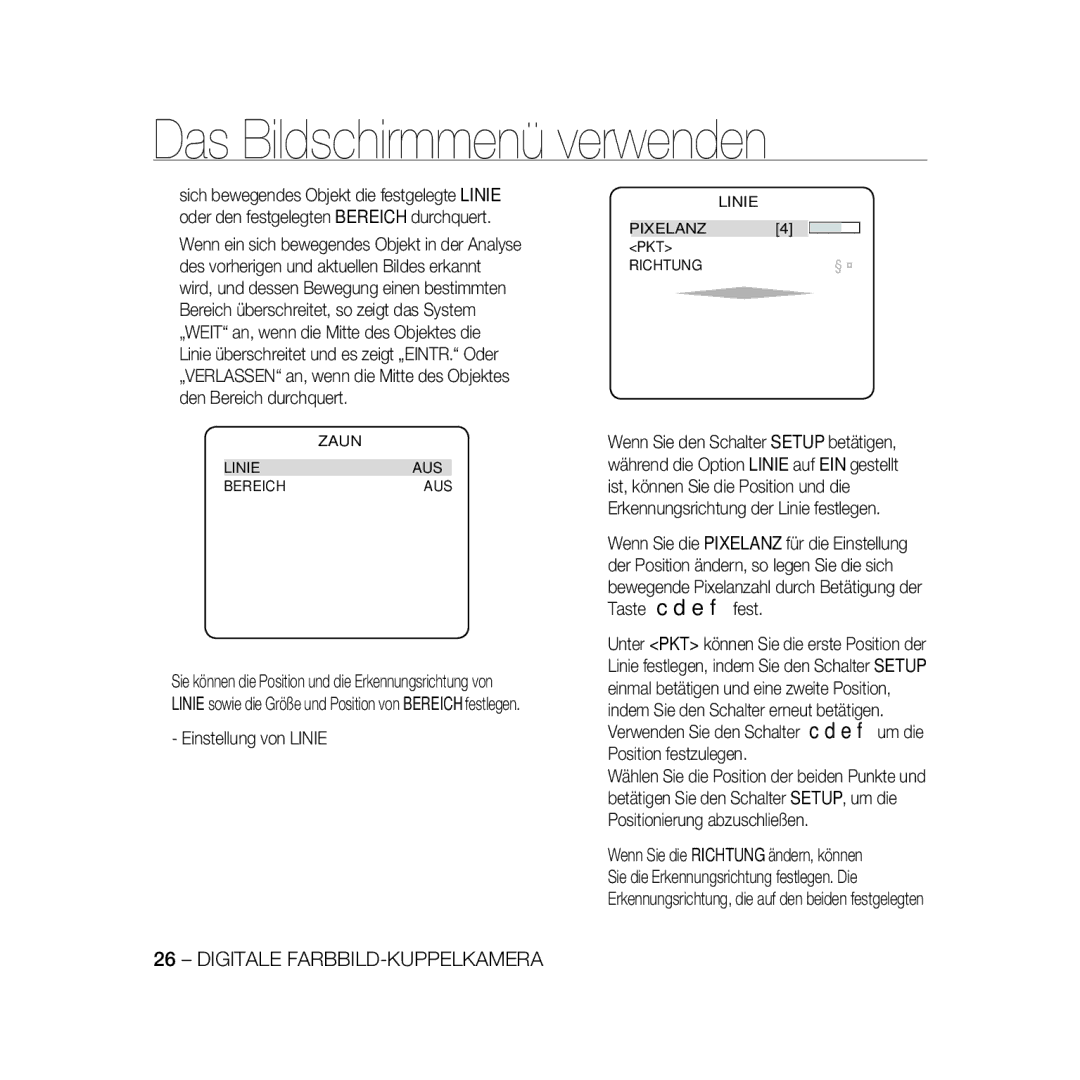 Samsung SCC-B5335P, SCC-B5335BP manual Einstellung von Linie, Bewegende Pixelanzahl durch Betätigung der Taste cdef fest 