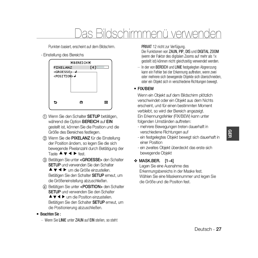 Samsung SCC-B5335BP, SCC-B5335P, SCC-B5333BP Privat 12 nicht zur Verfügung, Fix/Bew, Bereich Pixelanz 4 Groesse Position 