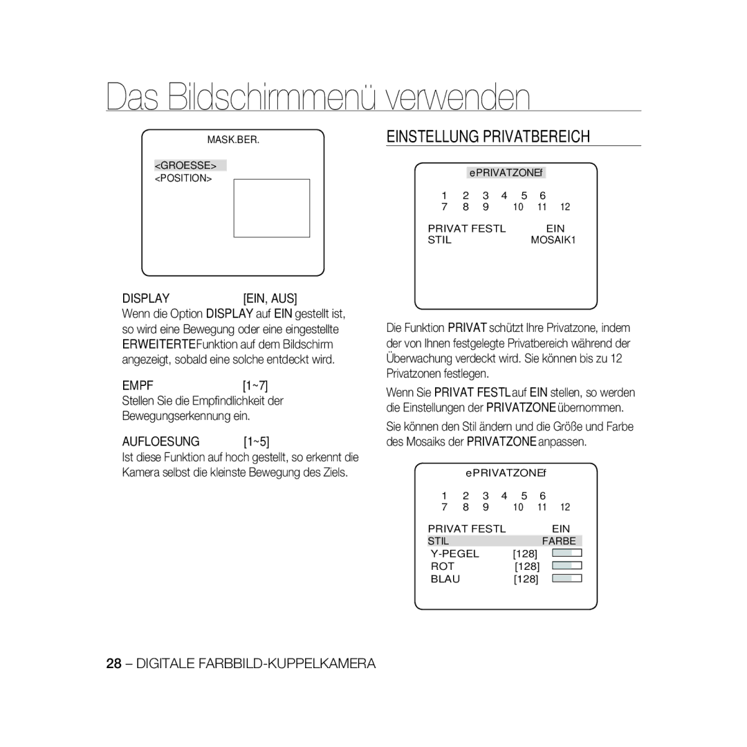 Samsung SCC-B5333BP, SCC-B5335P, SCC-B5335BP, SCC-B5333P manual Einstellung Privatbereich, Display EIN, AUS, Empf, Aufloesung 