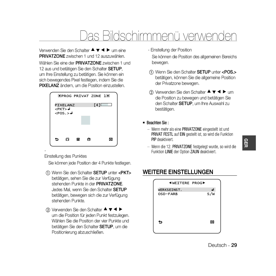 Samsung SCC-B5333P, SCC-B5335P, SCC-B5335BP Weitere Einstellungen, Prog Privat Zone Pixelanz 4 PKT, Werkseinst OSD-FARBS/W 