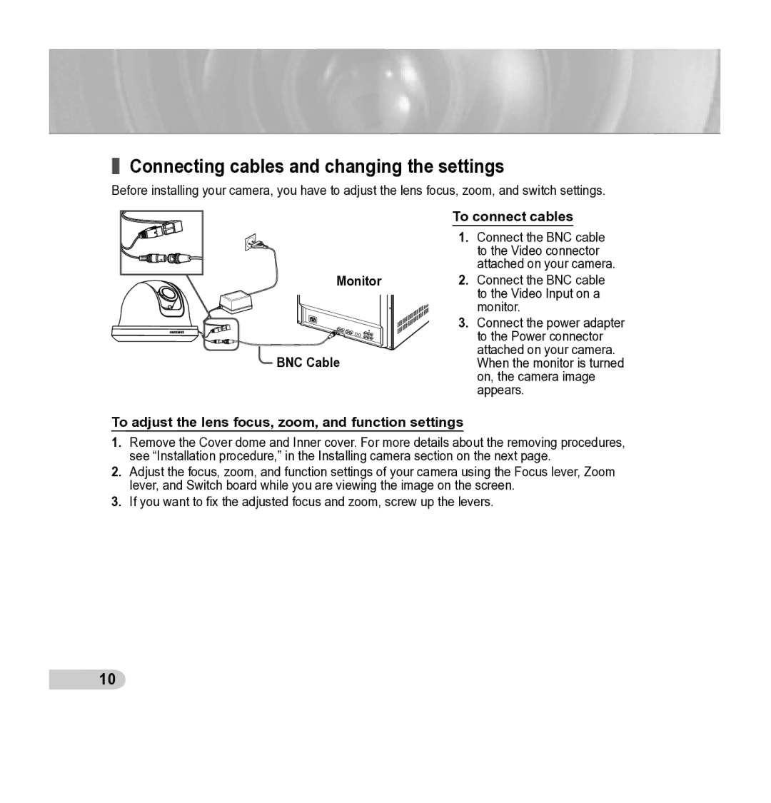 Samsung SCC-B5342P, SCC-B5343P manual Connecting cables and changing the settings, To connect cables 