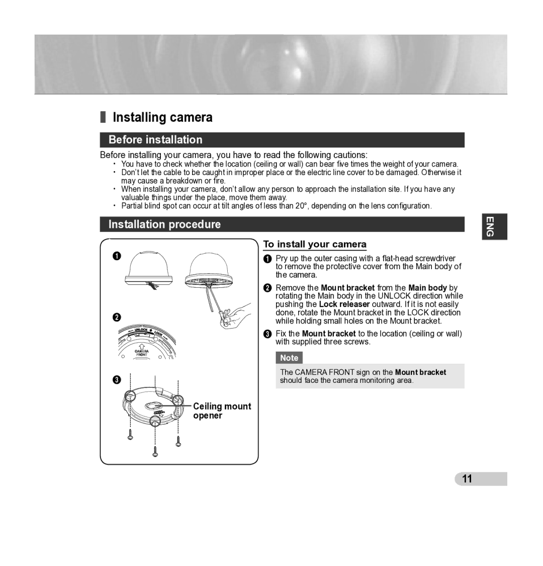 Samsung SCC-B5343P, SCC-B5342P manual Installing camera, Before installation, Installation procedure, To install your camera 