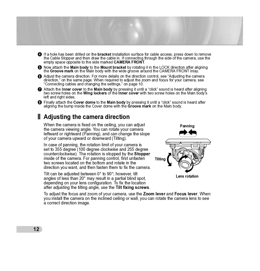 Samsung SCC-B5342P, SCC-B5343P manual Adjusting the camera direction 