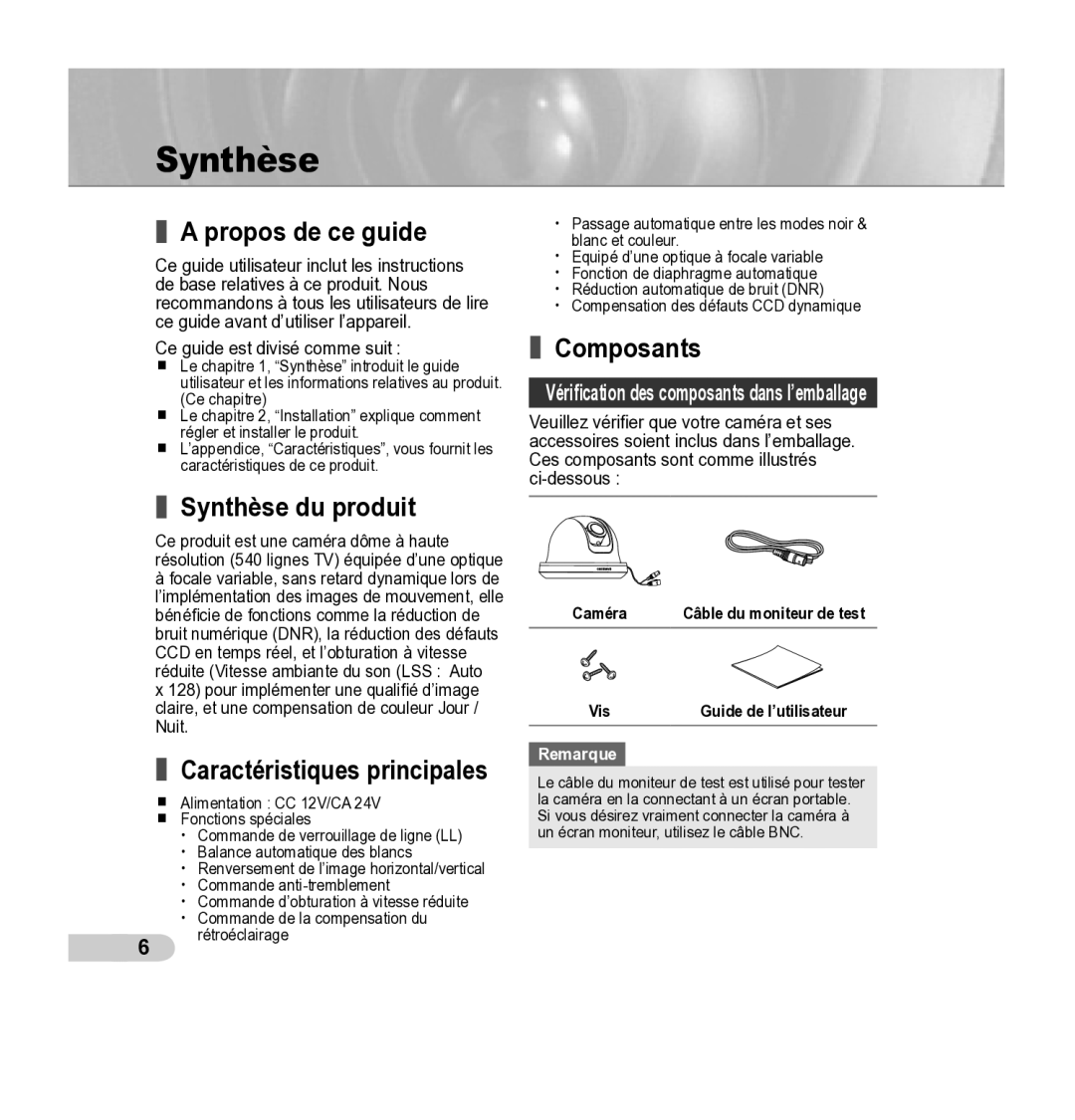 Samsung SCC-B5342P, SCC-B5343P manual Propos de ce guide, Synthèse du produit, Composants, Nuit 