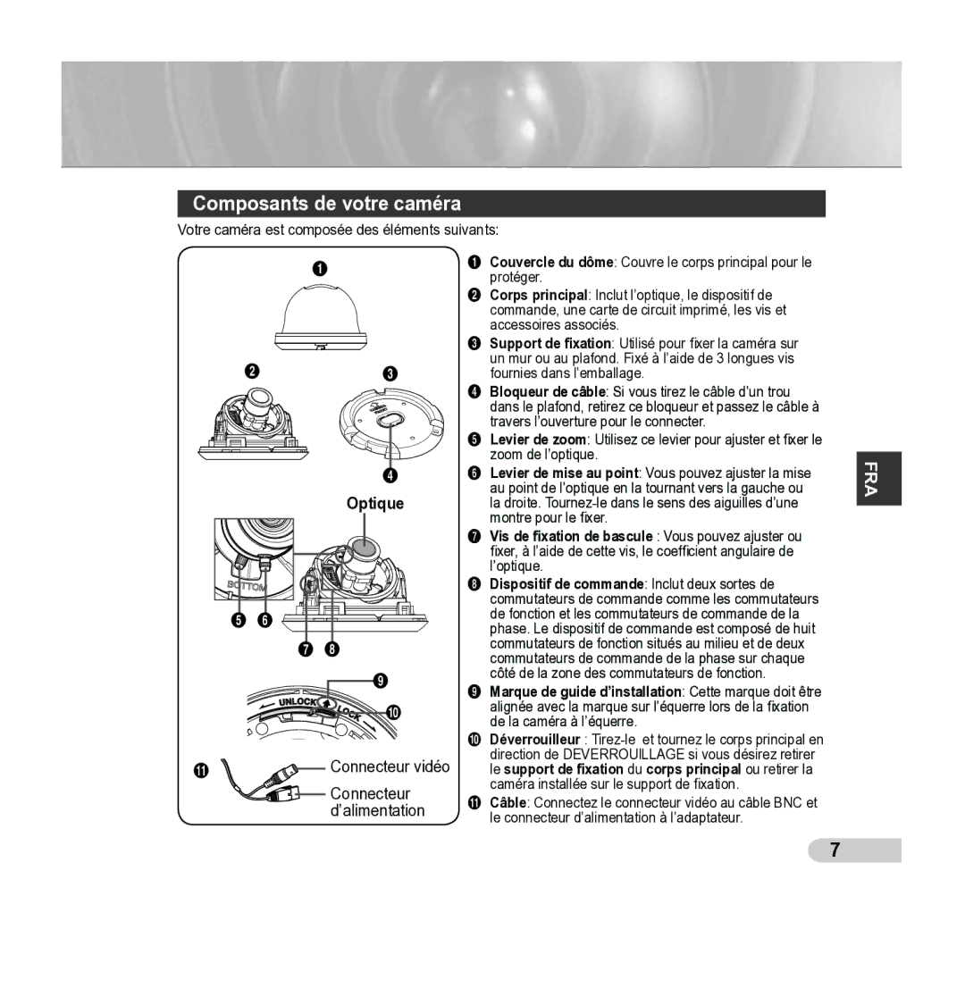 Samsung SCC-B5343P, SCC-B5342P manual Composants de votre caméra, Connecteur vidéo, ’alimentation 