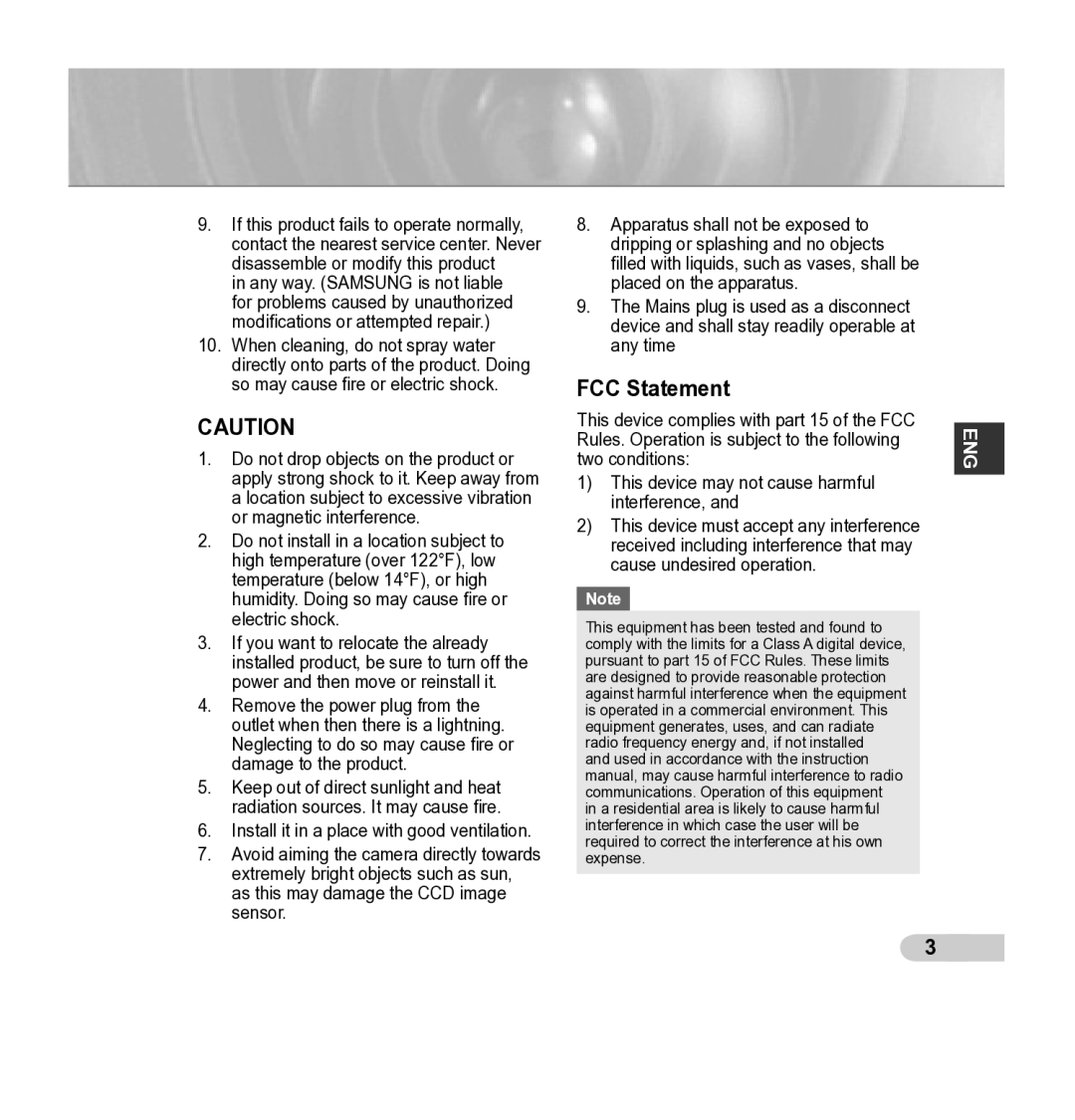 Samsung SCC-B5343P, SCC-B5342P manual FCC Statement 