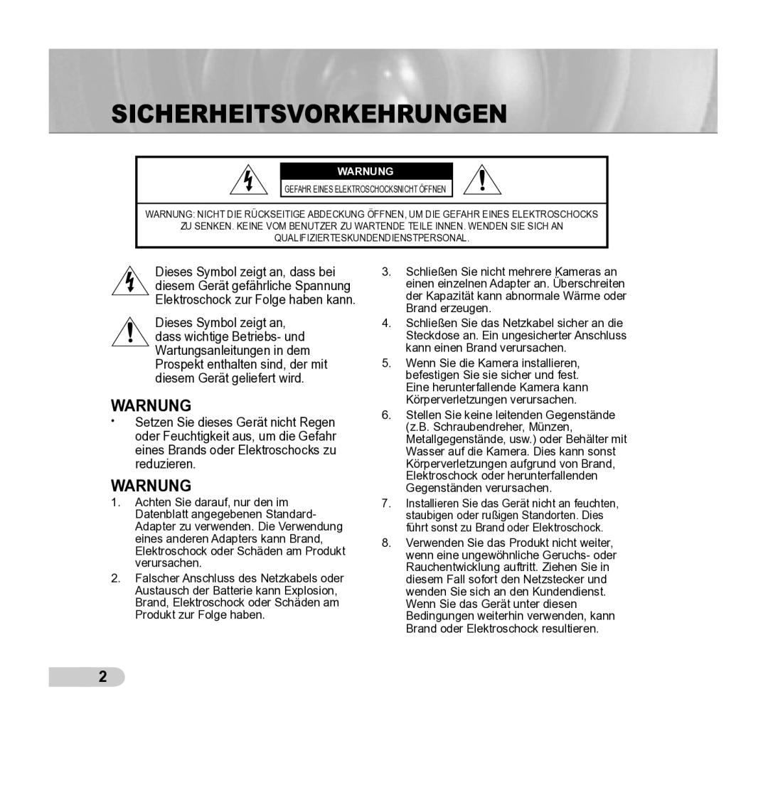 Samsung SCC-B5342P, SCC-B5343P manual Sicherheitsvorkehrungen, Warnung 