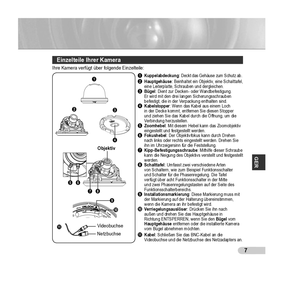 Samsung SCC-B5343P, SCC-B5342P manual Einzelteile Ihrer Kamera 