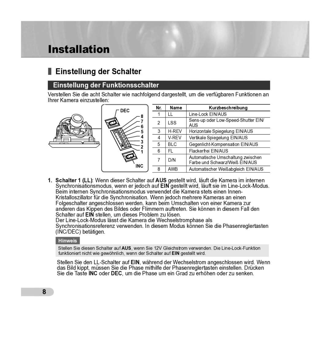 Samsung SCC-B5342P, SCC-B5343P manual Einstellung der Schalter, Einstellung der Funktionsschalter, Name Kurzbeschreibung 