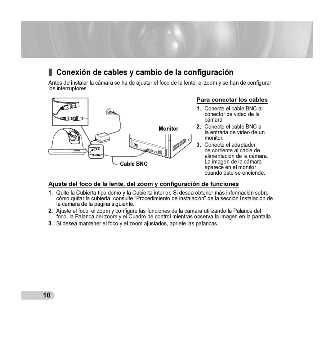 Samsung SCC-B5342P, SCC-B5343P manual Conexión de cables y cambio de la configuración 