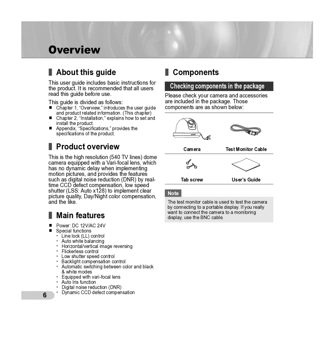 Samsung SCC-B5342P, SCC-B5343P manual Overview, About this guide, Product overview, Main features, Components 