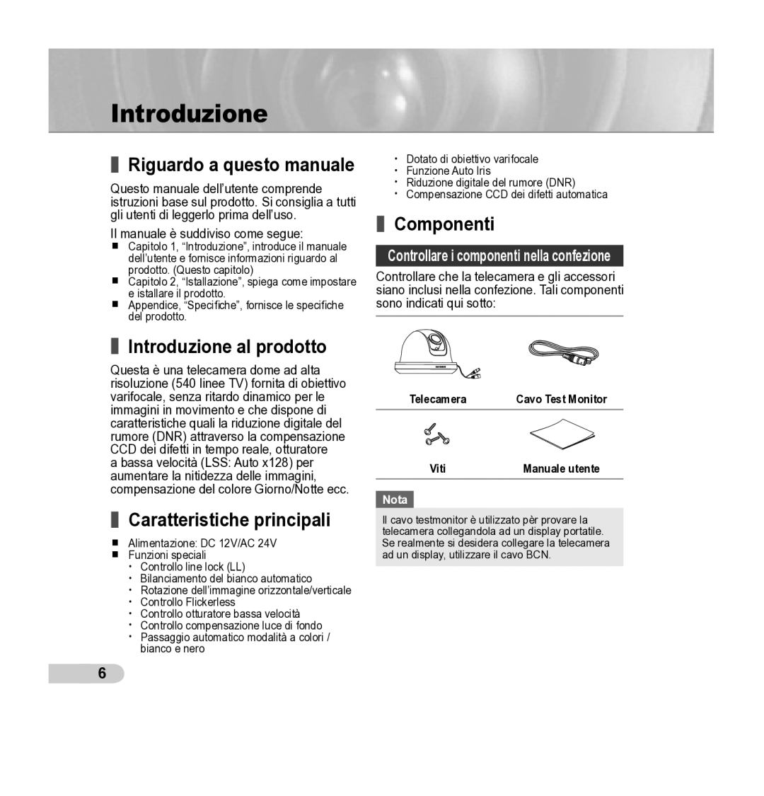 Samsung SCC-B5342P Riguardo a questo manuale, Introduzione al prodotto, Caratteristiche principali, Componenti 