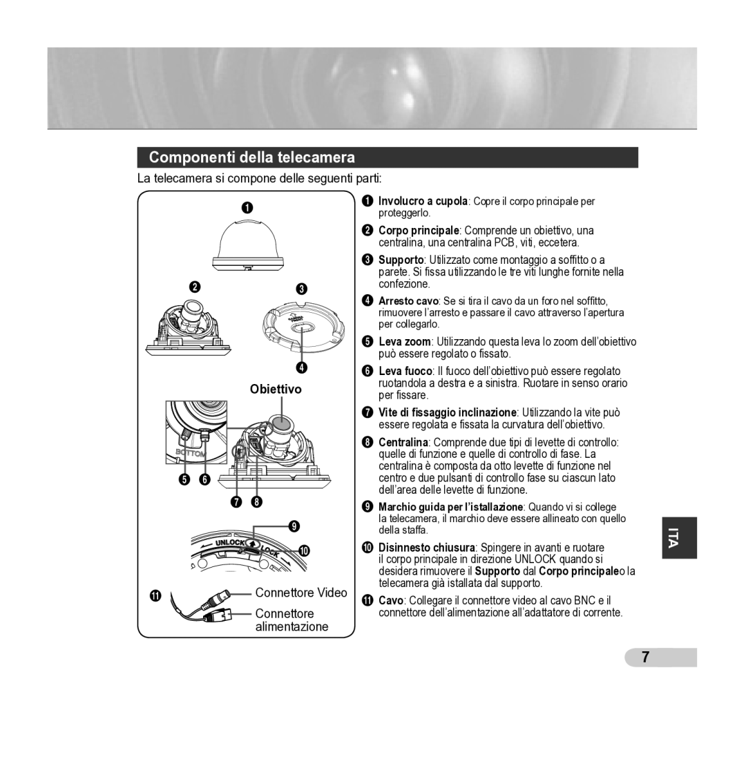 Samsung SCC-B5343P, SCC-B5342P manual Componenti della telecamera 