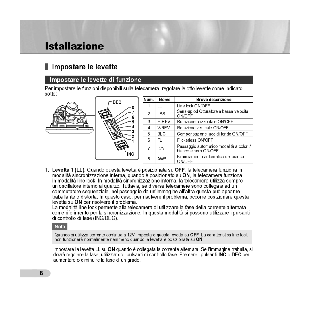 Samsung SCC-B5342P, SCC-B5343P manual Istallazione, Impostare le levette di funzione, Nome Breve descrizione 