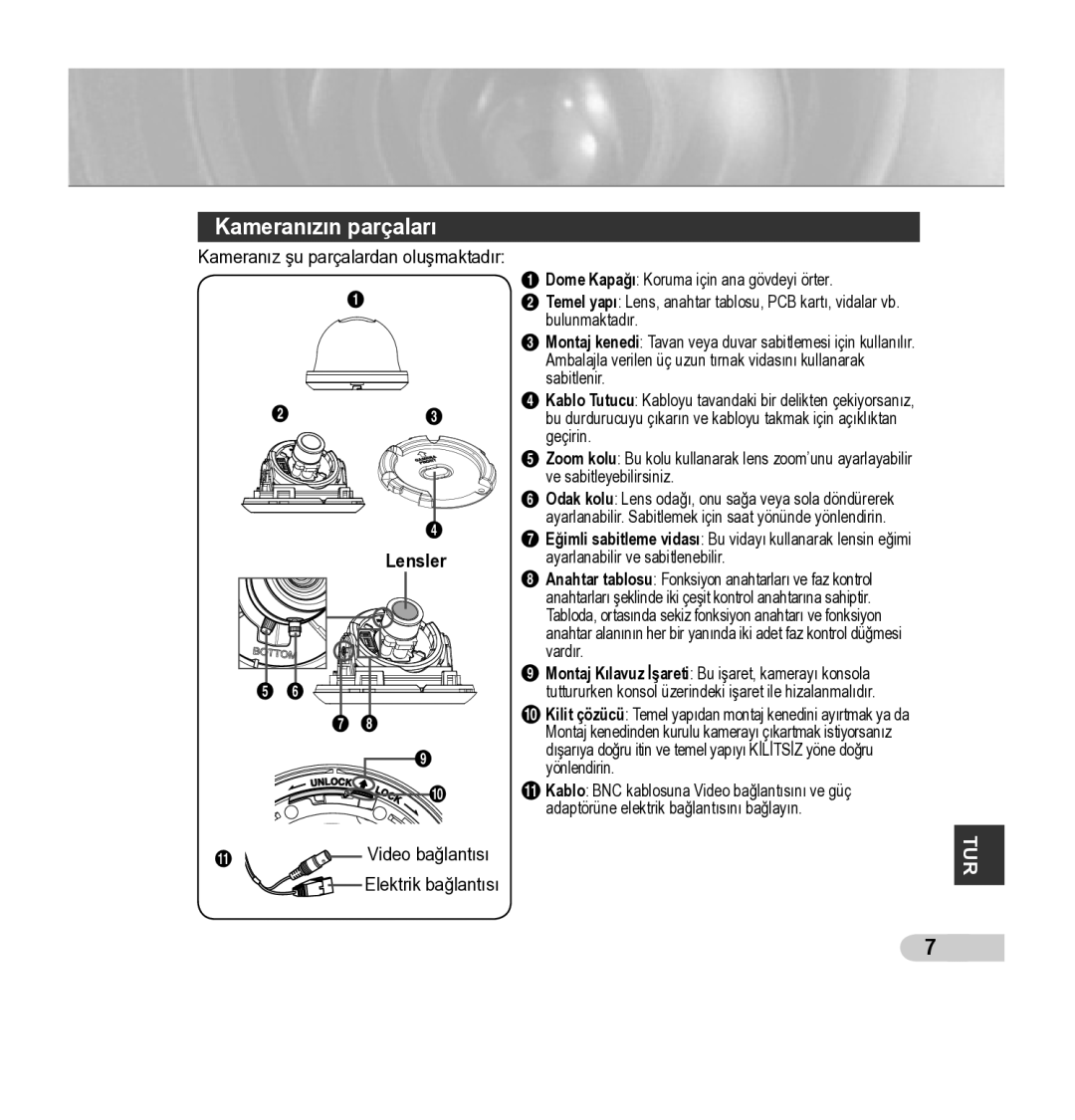 Samsung SCC-B5343P, SCC-B5342P manual Kameranızın parçaları 